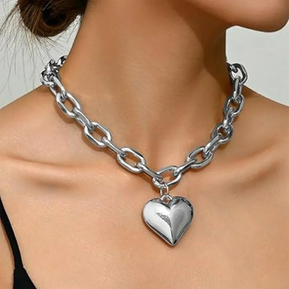 Silver Chunky Heart Necklace Statement Puffy Heart Pendant Chain Elegant Fashion
